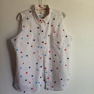 St John's Bay Sleeveless Woman Classic Shirt Sz 14. White w blue & red polka dot